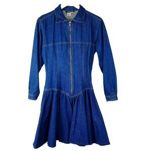 Vintage 90's IB Diffusion Denim Blue Jean Dress Zip Front Drop Waist Size Small
